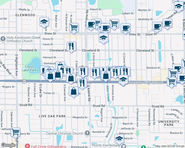 map of restaurants, bars, coffee shops, grocery stores, and more near 1800 Gulf to Bay Boulevard in Clearwater
