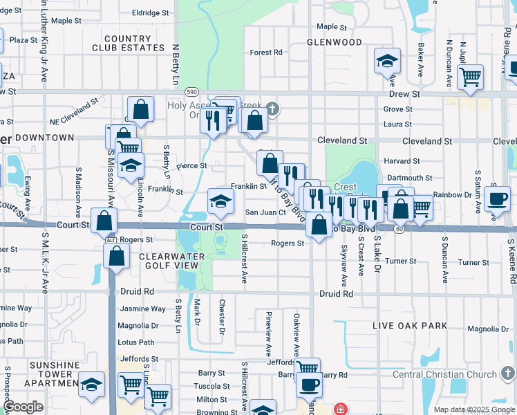map of restaurants, bars, coffee shops, grocery stores, and more near 1409 San Juan Court in Clearwater