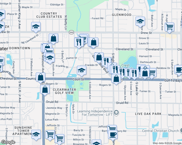 map of restaurants, bars, coffee shops, grocery stores, and more near 1409 San Juan Court in Clearwater