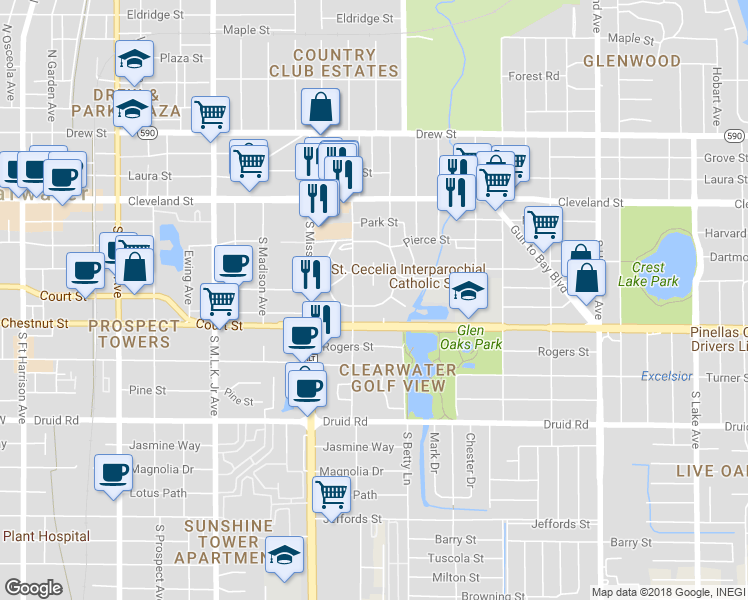 map of restaurants, bars, coffee shops, grocery stores, and more near 1263 Santa Rosa Street in Clearwater