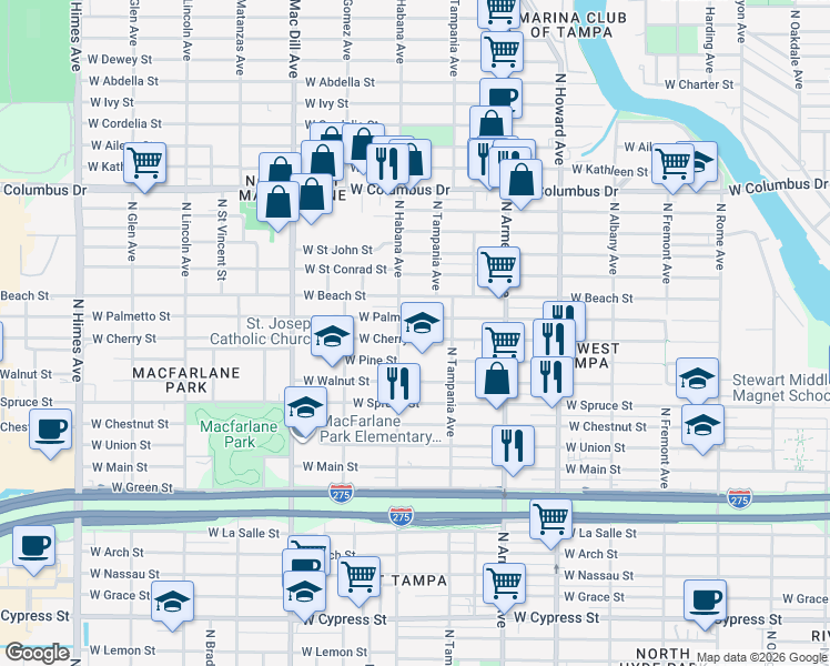 map of restaurants, bars, coffee shops, grocery stores, and more near 2700 West Cherry Street in Tampa