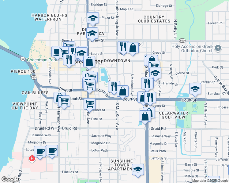 map of restaurants, bars, coffee shops, grocery stores, and more near 1038 Ewing Place in Clearwater