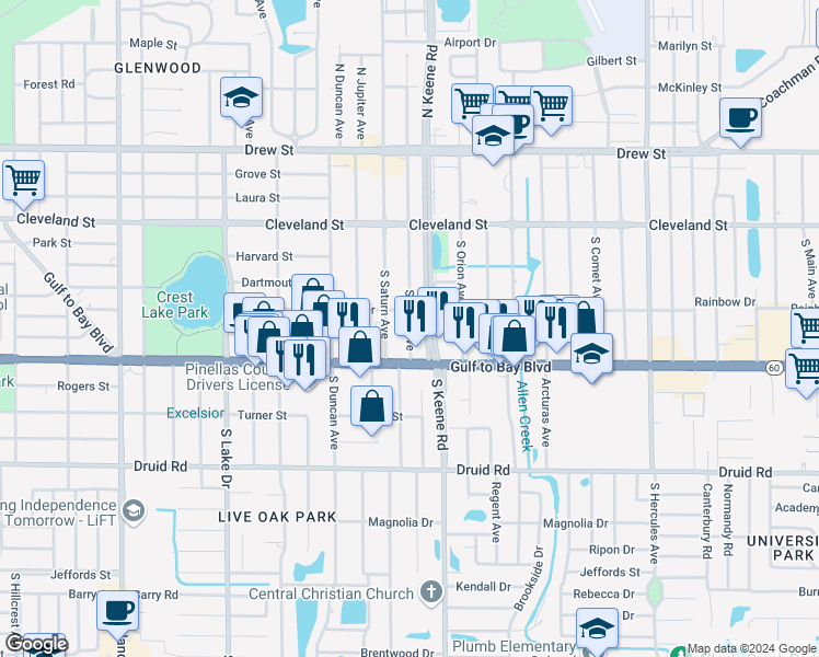 map of restaurants, bars, coffee shops, grocery stores, and more near 312 South Mars Avenue in Clearwater