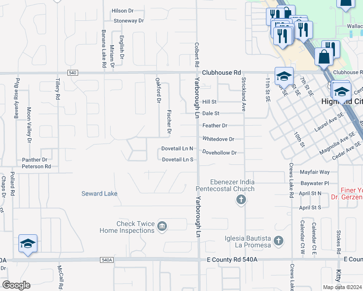 map of restaurants, bars, coffee shops, grocery stores, and more near 3620 Dovetail Lane North in Lakeland