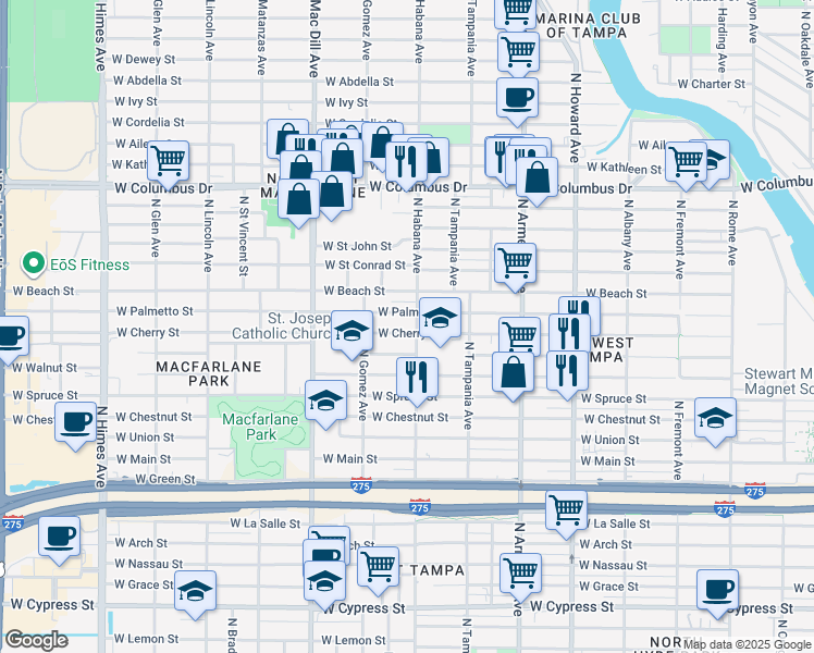 map of restaurants, bars, coffee shops, grocery stores, and more near 2906 West Cherry Street in Tampa