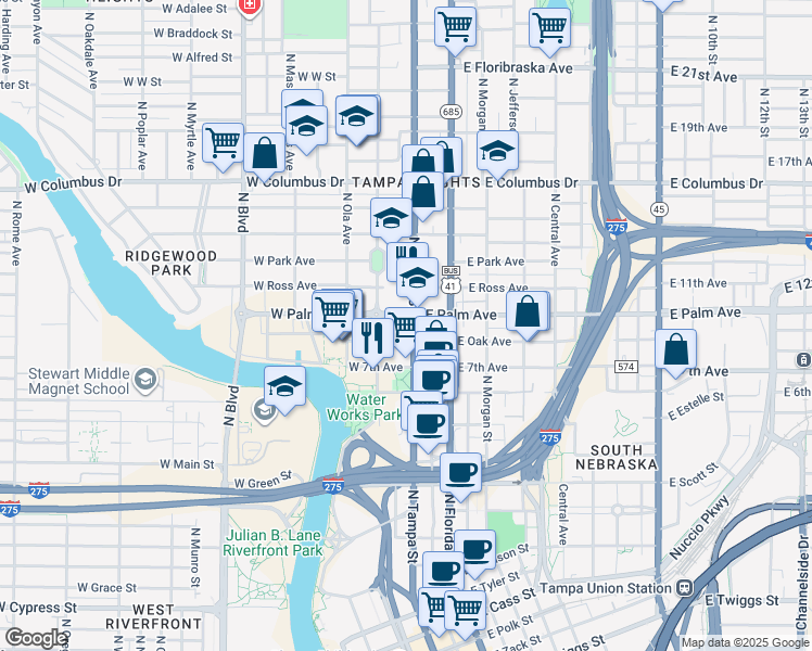 map of restaurants, bars, coffee shops, grocery stores, and more near 105 West Oak Avenue in Tampa