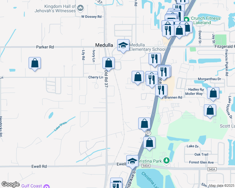 map of restaurants, bars, coffee shops, grocery stores, and more near 5752 Loop Road in Lakeland