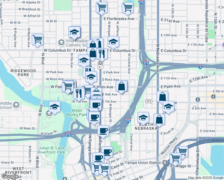 map of restaurants, bars, coffee shops, grocery stores, and more near 302 East Oak Avenue in Tampa