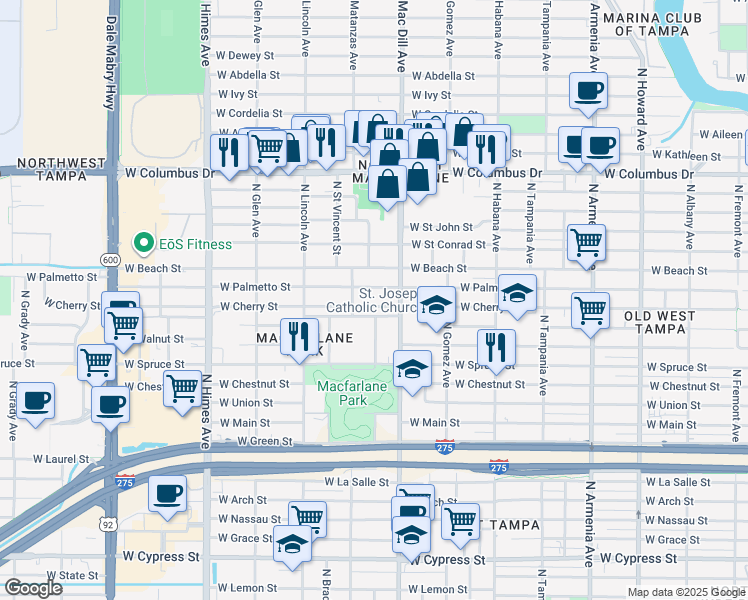 map of restaurants, bars, coffee shops, grocery stores, and more near 3113 West Pine Street in Tampa