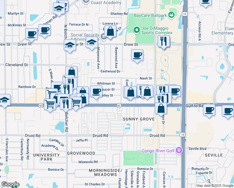map of restaurants, bars, coffee shops, grocery stores, and more near 401 South Fernwood Avenue in Clearwater