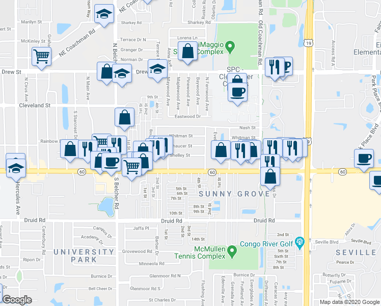 map of restaurants, bars, coffee shops, grocery stores, and more near 19 Shelley Street in Clearwater