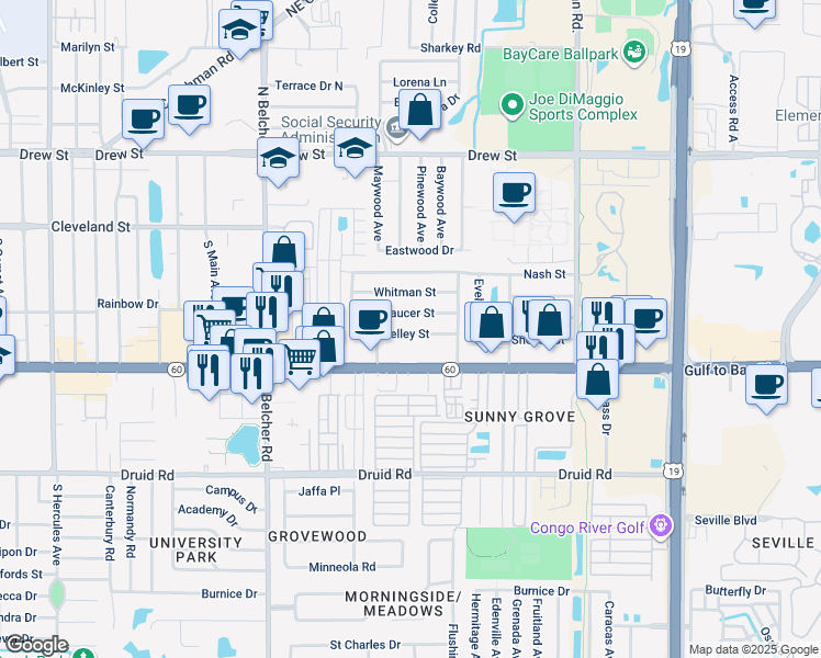 map of restaurants, bars, coffee shops, grocery stores, and more near 19 Shelley Street in Clearwater