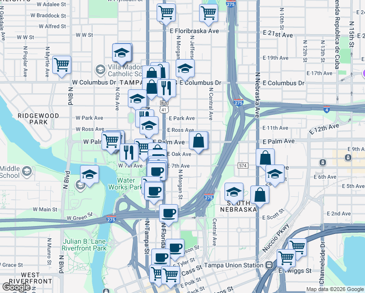 map of restaurants, bars, coffee shops, grocery stores, and more near 302 East Oak Avenue in Tampa