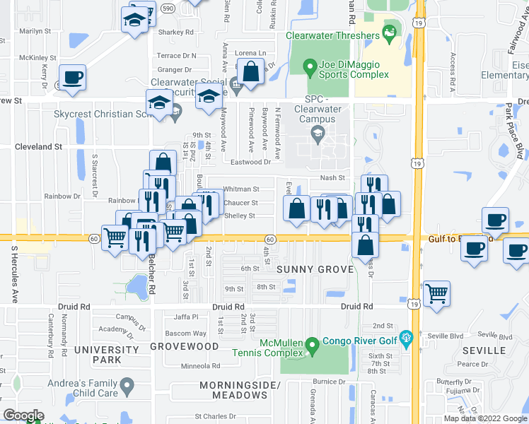 map of restaurants, bars, coffee shops, grocery stores, and more near 19 Shelley Street in Clearwater
