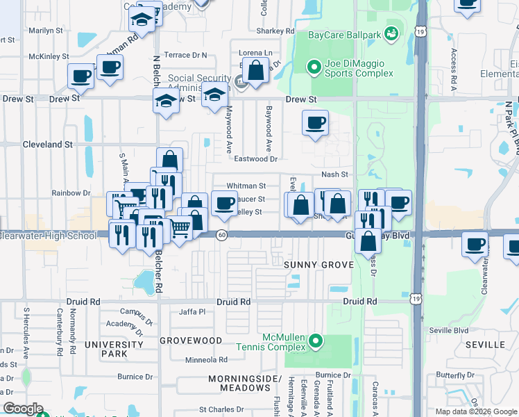 map of restaurants, bars, coffee shops, grocery stores, and more near 2348 Shelley Street in Clearwater