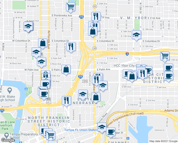 map of restaurants, bars, coffee shops, grocery stores, and more near 1901 North Mitchell Avenue in Tampa