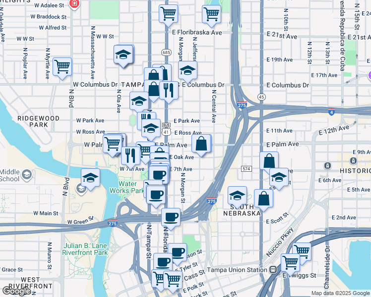 map of restaurants, bars, coffee shops, grocery stores, and more near 302 East Oak Avenue in Tampa