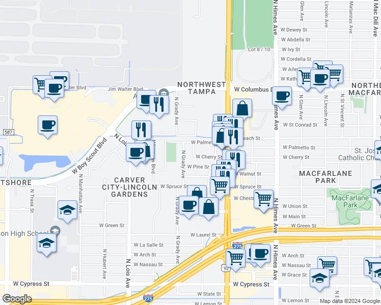 map of restaurants, bars, coffee shops, grocery stores, and more near 2207 North Grady Avenue in Tampa