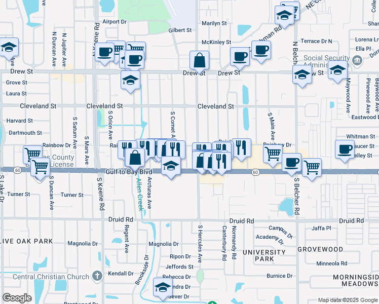 map of restaurants, bars, coffee shops, grocery stores, and more near 407 South Aurora Avenue in Clearwater