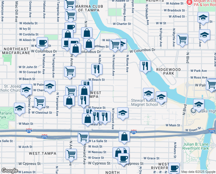 map of restaurants, bars, coffee shops, grocery stores, and more near 1906 West Cherry Street in Tampa
