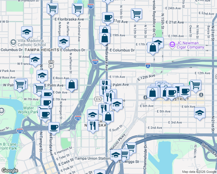 map of restaurants, bars, coffee shops, grocery stores, and more near 1913 North Nebraska Avenue in Tampa