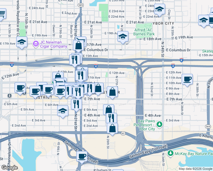map of restaurants, bars, coffee shops, grocery stores, and more near 2005 North 25th Street in Tampa