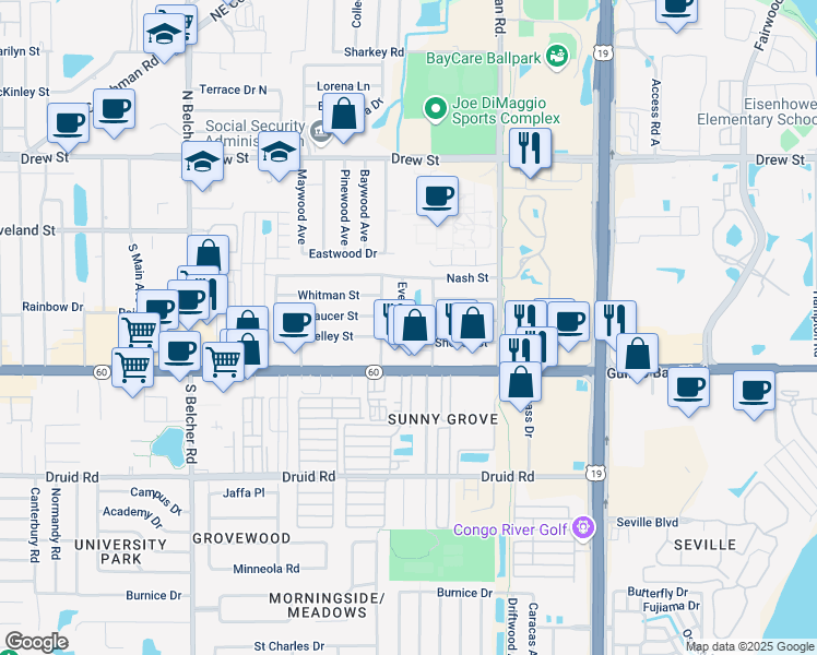 map of restaurants, bars, coffee shops, grocery stores, and more near 301 Evelyn Avenue in Clearwater