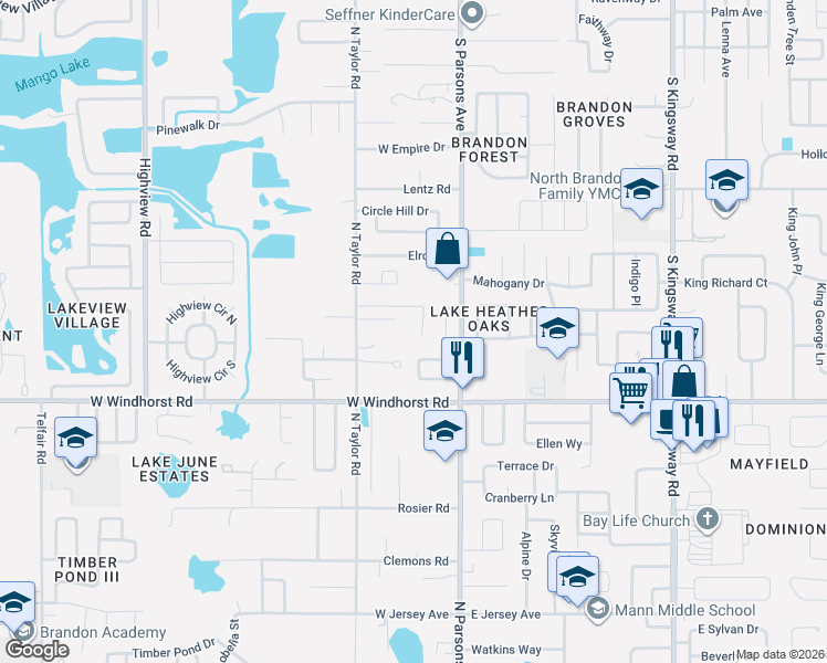map of restaurants, bars, coffee shops, grocery stores, and more near 207 Taylor Bay Lane in Brandon