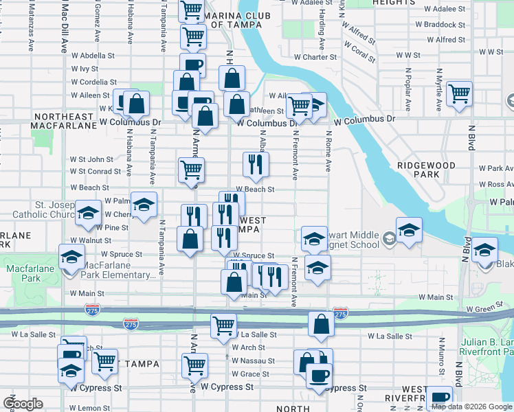 map of restaurants, bars, coffee shops, grocery stores, and more near 2209 North Albany Avenue in Tampa