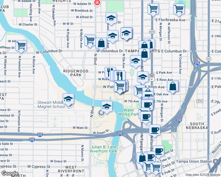 map of restaurants, bars, coffee shops, grocery stores, and more near 350 West Palm Avenue in Tampa