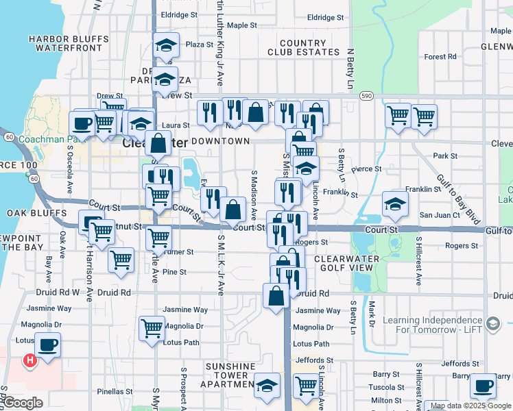 map of restaurants, bars, coffee shops, grocery stores, and more near 422 South Madison Avenue in Clearwater