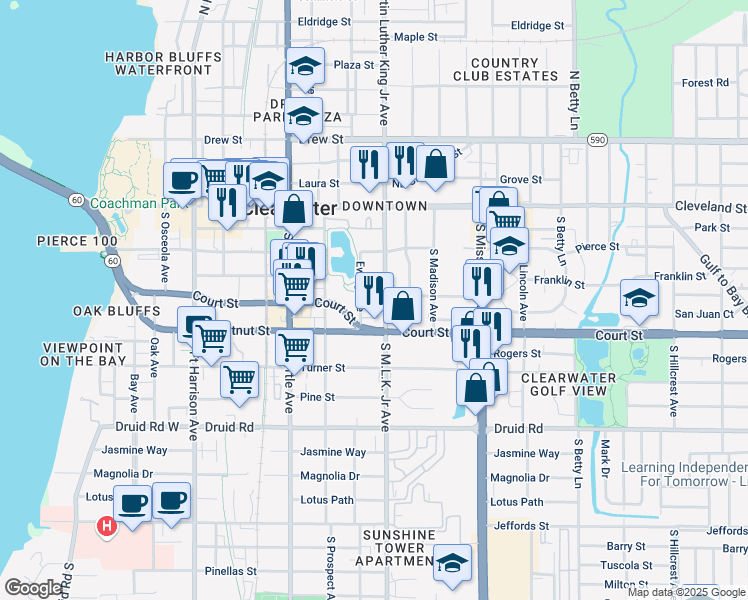 map of restaurants, bars, coffee shops, grocery stores, and more near 1008 Ewing Place in Clearwater