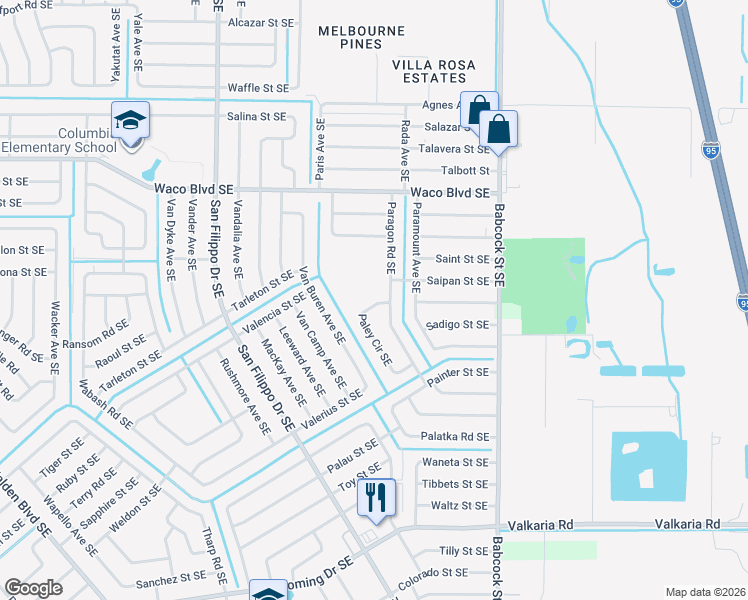 map of restaurants, bars, coffee shops, grocery stores, and more near 1435 Paley Circle Southeast in Palm Bay