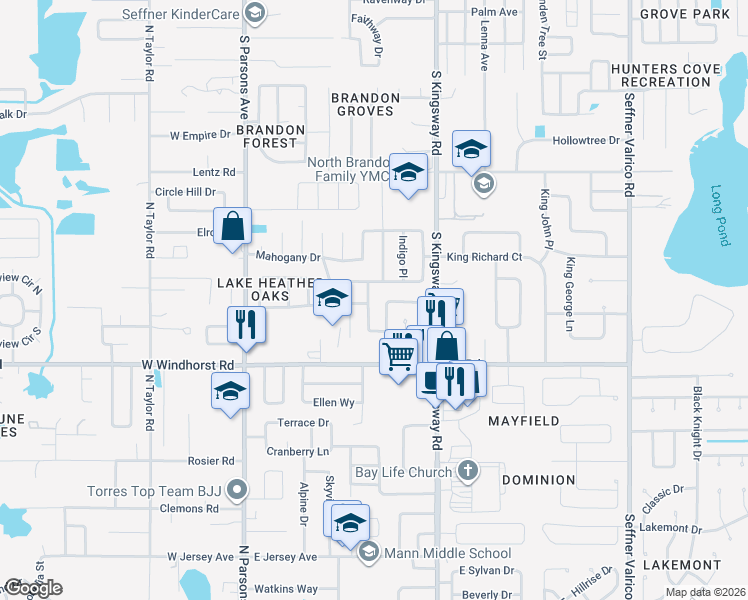 map of restaurants, bars, coffee shops, grocery stores, and more near 1306 Vinemont Drive in Brandon