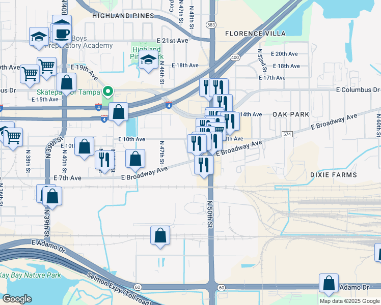 map of restaurants, bars, coffee shops, grocery stores, and more near 4808 East 7th Avenue in Tampa