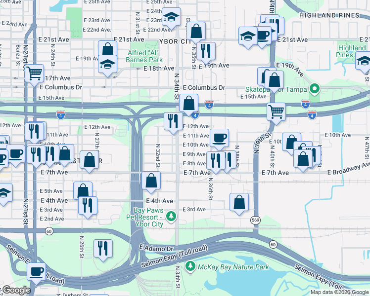 map of restaurants, bars, coffee shops, grocery stores, and more near 3403 East 9th Avenue in Tampa