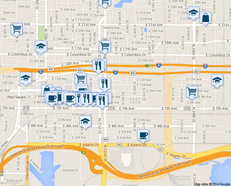 map of restaurants, bars, coffee shops, grocery stores, and more near 2217 East 9th Avenue in Tampa
