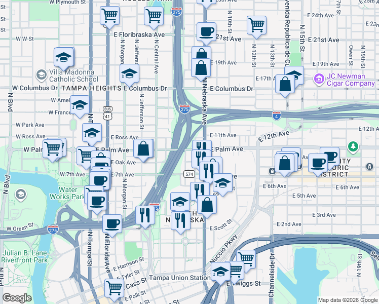 map of restaurants, bars, coffee shops, grocery stores, and more near 1901 North Mitchell Avenue in Tampa