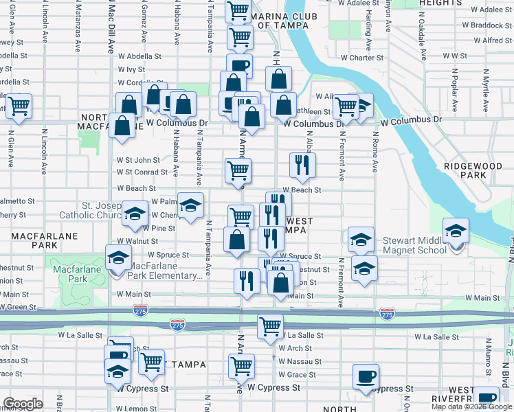 map of restaurants, bars, coffee shops, grocery stores, and more near 2314 West Cherry Street in Tampa