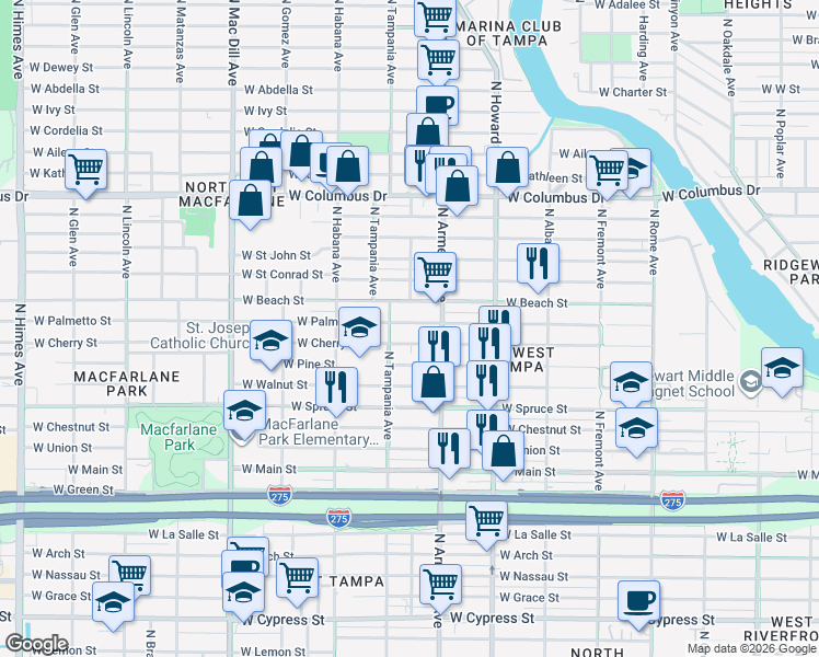 map of restaurants, bars, coffee shops, grocery stores, and more near 2537 West Cherry Street in Tampa