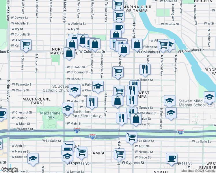 map of restaurants, bars, coffee shops, grocery stores, and more near 2537 West Cherry Street in Tampa