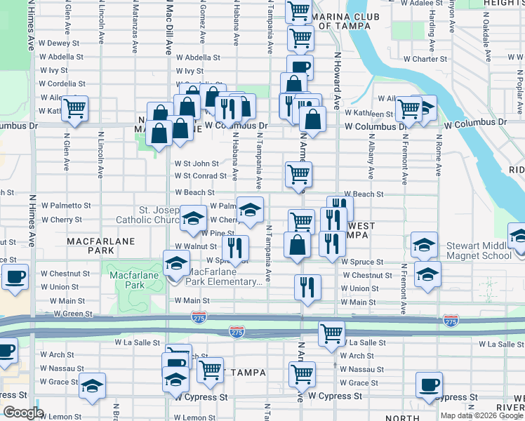 map of restaurants, bars, coffee shops, grocery stores, and more near 2700 West Cherry Street in Tampa