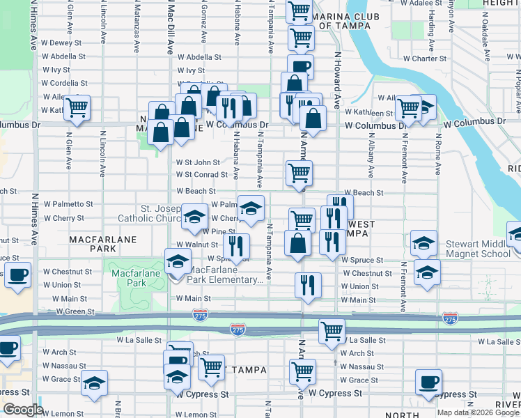 map of restaurants, bars, coffee shops, grocery stores, and more near 2700 West Cherry Street in Tampa
