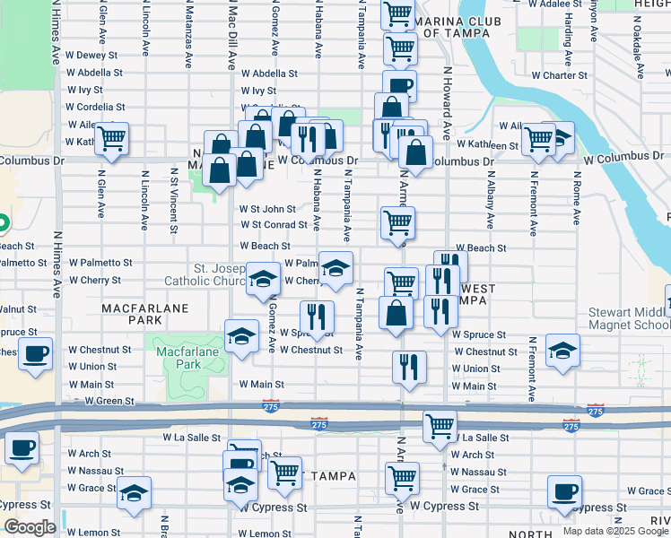 map of restaurants, bars, coffee shops, grocery stores, and more near 2700 West Cherry Street in Tampa