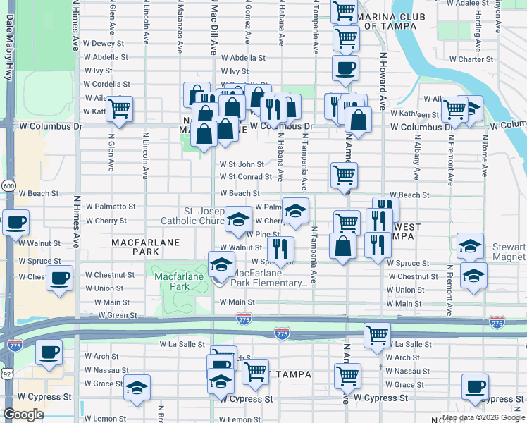 map of restaurants, bars, coffee shops, grocery stores, and more near 2906 West Cherry Street in Tampa