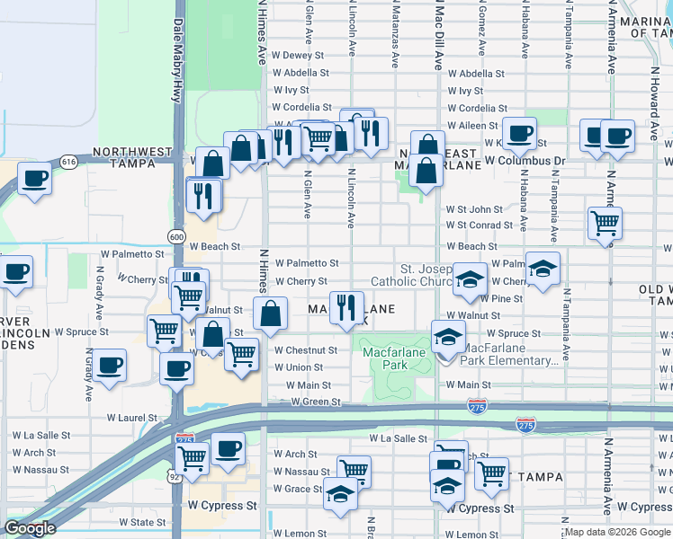 map of restaurants, bars, coffee shops, grocery stores, and more near 3310 West Cherry Street in Tampa