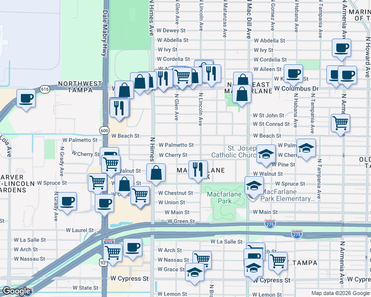 map of restaurants, bars, coffee shops, grocery stores, and more near 3310 West Cherry Street in Tampa