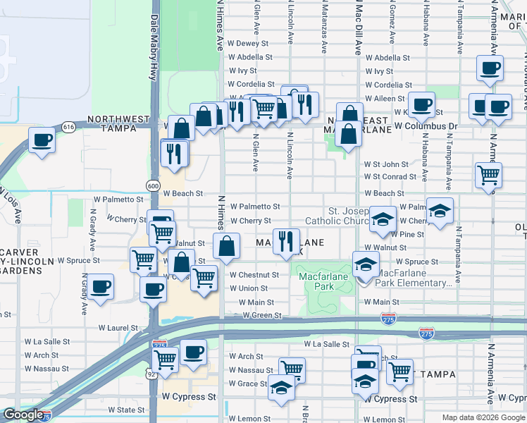 map of restaurants, bars, coffee shops, grocery stores, and more near 3310 West Cherry Street in Tampa