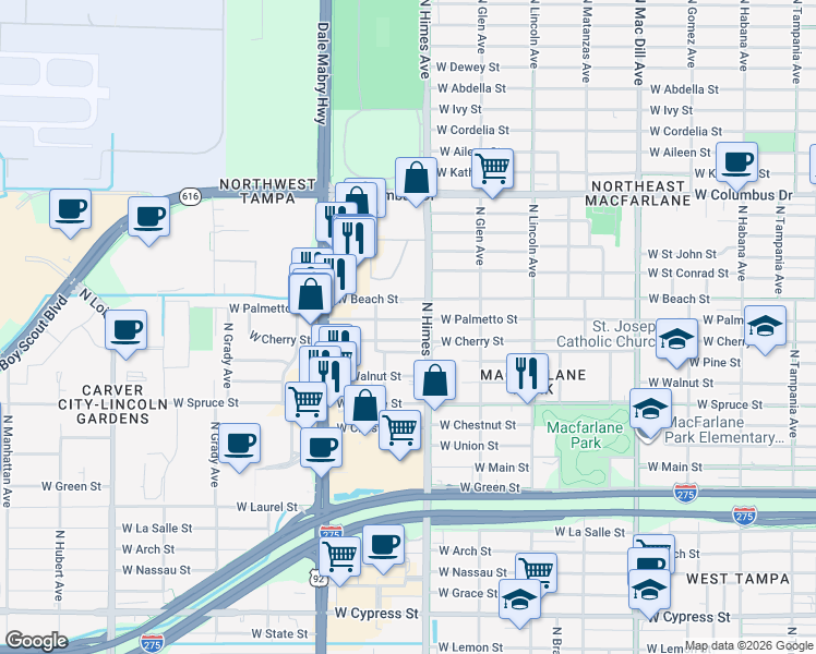 map of restaurants, bars, coffee shops, grocery stores, and more near 3602 West Cherry Street in Tampa