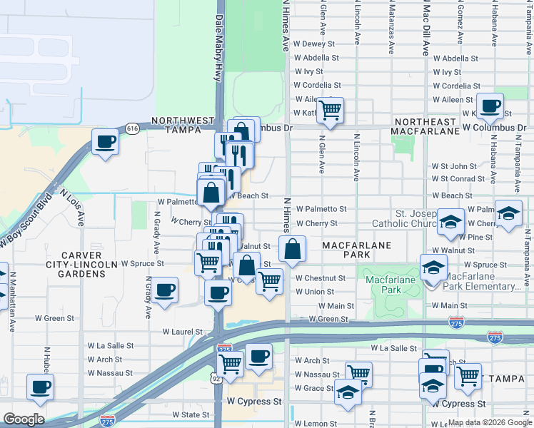 map of restaurants, bars, coffee shops, grocery stores, and more near 3628 West Cherry Street in Tampa